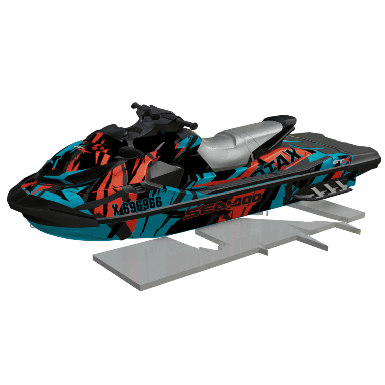 Vivid, custom-designed speed boat wrap with bold graphics for marine vehicle customization.