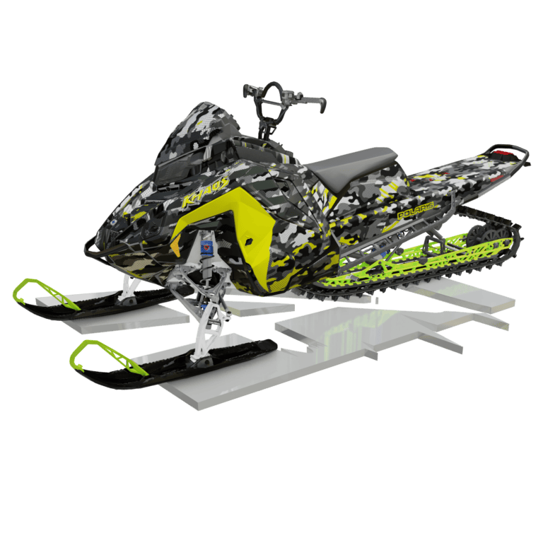 Custom camouflage snowmobile wrap design for Polaris snowmobiles.