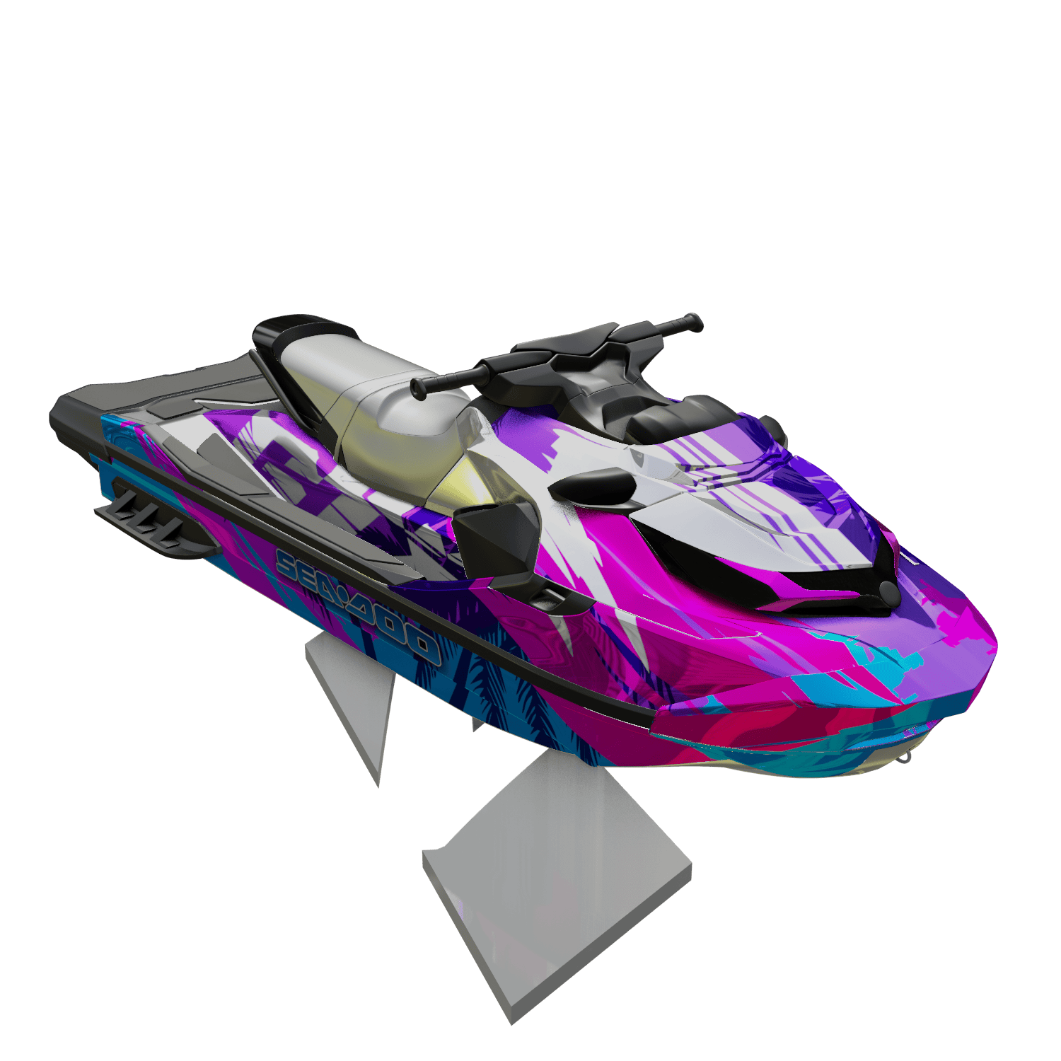 Colorful jet ski with custom graphics, ideal for watercraft enthusiasts and boat wrap services.