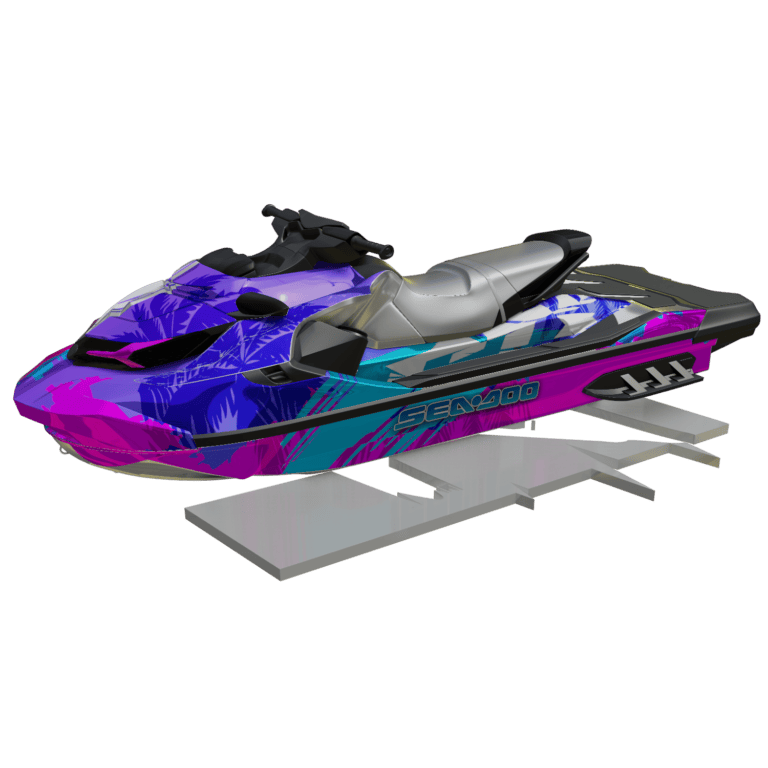 Colorful Sea-Doo jet ski with vibrant wrap, perfect for water sports and adventures.