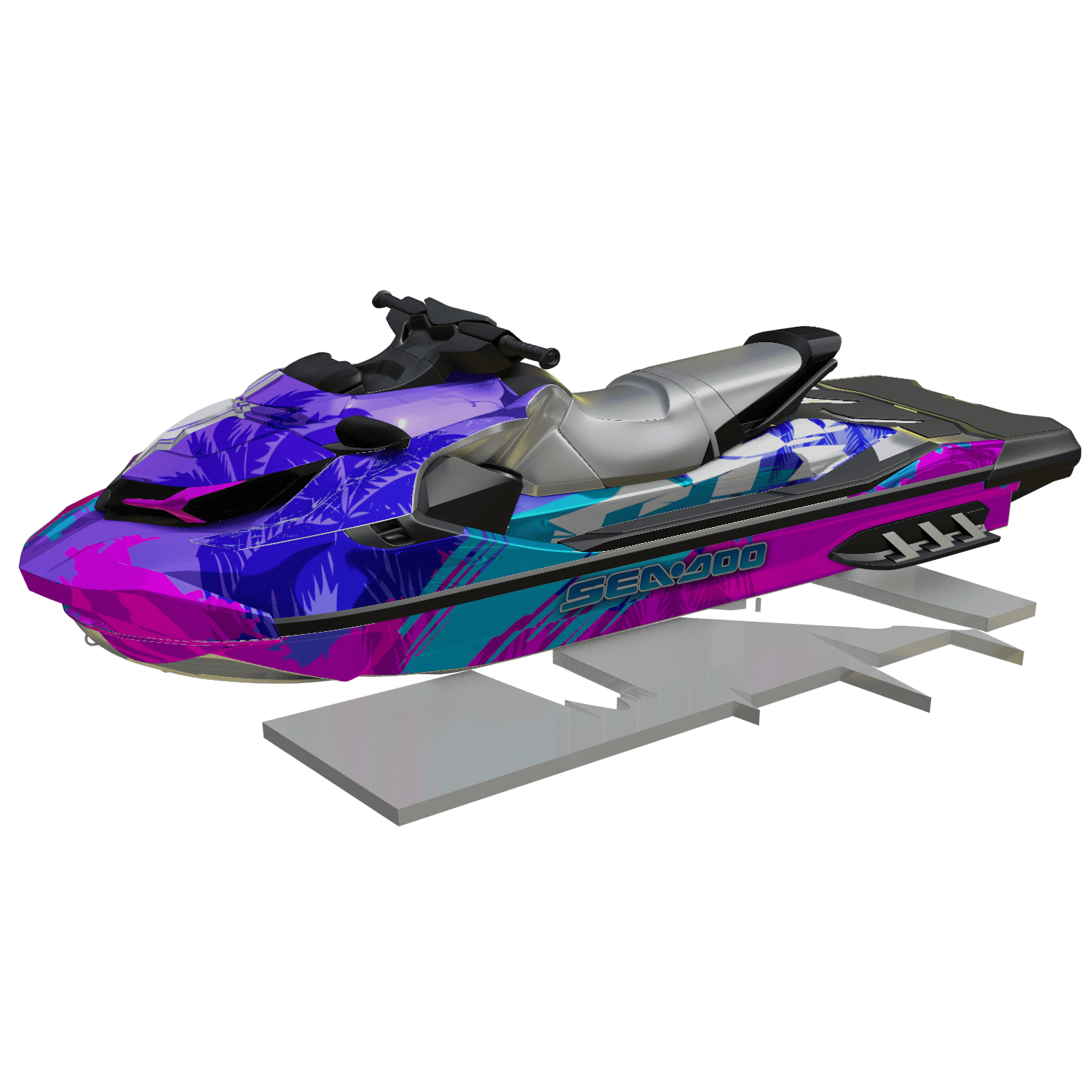 Colorful Sea-Doo jet ski with vibrant wrap, perfect for water sports and adventures.