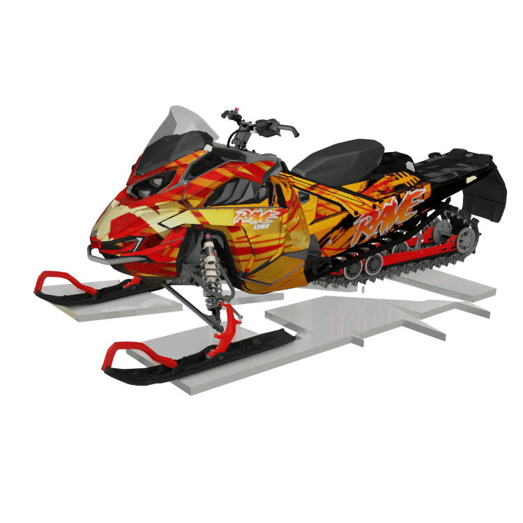 Vibrant race-themed snowmobile wrap showcasing custom graphics for maximum visibility and style.