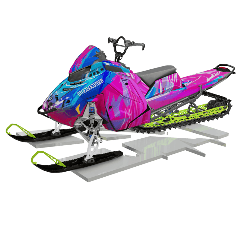 Colorful Polaris snowmobile with custom wrap, perfect for winter sports and outdoor enthusiasts.